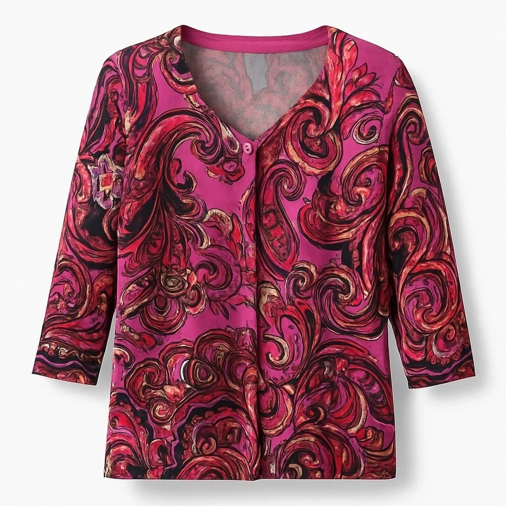 Berry Paisley 3/4 Sleeve Cardigan - Artsy Art to Wear Vibe V neck EUC L #702